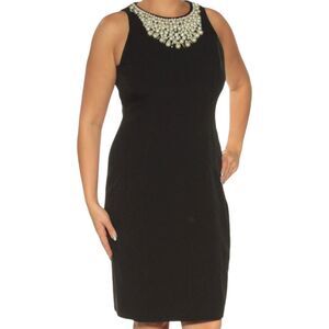 EUC Alfani Pearl Bejeweled Necklace Sheath Dress Black Sleeveless Zipper Size 16